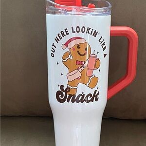 White Tumbler with Gingerbread Design and Red Handle